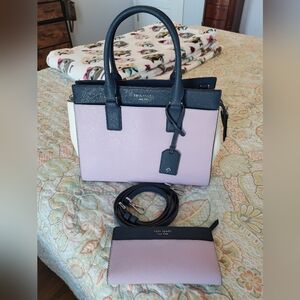 Kate Spade Medium Satchel Lavender, Navy & White Handbag w/ Wallet set.